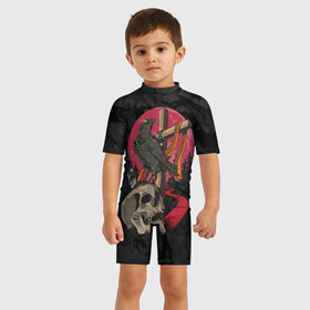 Детский купальный костюм 3D с принтом Ворона и череп в Кировске, Полиэстер 85%, Спандекс 15% | застежка на молнии на спине | blood | diablo | haloween | horror | дьявол | зомби | кости | кровь | мозги | мясо | страшилка | ужасы | хеллоуин | хелоуин