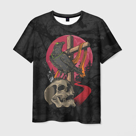 Мужская футболка 3D с принтом Ворона и череп в Кировске, 100% полиэфир | прямой крой, круглый вырез горловины, длина до линии бедер | blood | diablo | haloween | horror | дьявол | зомби | кости | кровь | мозги | мясо | страшилка | ужасы | хеллоуин | хелоуин
