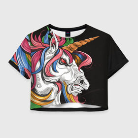 Женская футболка Crop-top 3D с принтом Evil unicorn в Кировске, 100% полиэстер | круглая горловина, длина футболки до линии талии, рукава с отворотами | Тематика изображения на принте: black | blue | evil | evil unicorn | green yellow | horn | horse | multicolored | pink | red | white | белый | зеленый желтый | зло | злой единорог | конь | красный | лошадь | разноцветный | рог | розовый | синий | черный