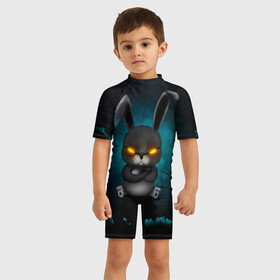 Детский купальный костюм 3D с принтом NEON HARE в Кировске, Полиэстер 85%, Спандекс 15% | застежка на молнии на спине | животное | заяц | злое | злые глаза | кролик | неон | плюшевое