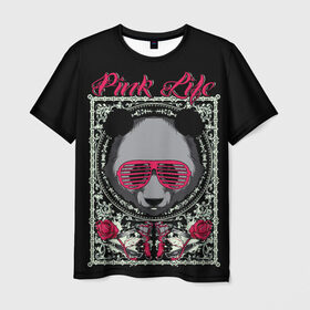 Мужская футболка 3D с принтом Розовая жизнь в Кировске, 100% полиэфир | прямой крой, круглый вырез горловины, длина до линии бедер | Тематика изображения на принте: голова медведя. | голова панды | медведи | орнамент | панда | панда в розовых очках | розовая жизнь | розовый стиль | розы