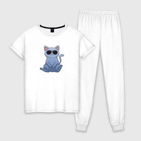 Женская пижама хлопок с принтом Blue Cat в Кировске, 100% хлопок | брюки и футболка прямого кроя, без карманов, на брюках мягкая резинка на поясе и по низу штанин | домашний | животные | звери | киса | киска | кот | котенок | котэ | котя | кошка | крутой | лапочка | милый | мимими | модный | очки | синий | хороший