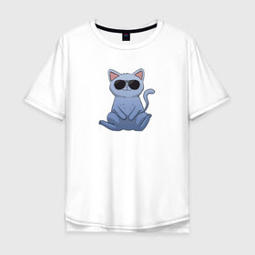 Мужская футболка хлопок Oversize с принтом Blue Cat в Кировске, 100% хлопок | свободный крой, круглый ворот, “спинка” длиннее передней части | домашний | животные | звери | киса | киска | кот | котенок | котэ | котя | кошка | крутой | лапочка | милый | мимими | модный | очки | синий | хороший