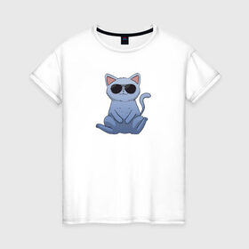 Женская футболка хлопок с принтом Blue Cat в Кировске, 100% хлопок | прямой крой, круглый вырез горловины, длина до линии бедер, слегка спущенное плечо | домашний | животные | звери | киса | киска | кот | котенок | котэ | котя | кошка | крутой | лапочка | милый | мимими | модный | очки | синий | хороший