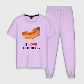 Мужская пижама хлопок с принтом Love HOT DOGS в Кировске, 100% хлопок | брюки и футболка прямого кроя, без карманов, на брюках мягкая резинка на поясе и по низу штанин
 | Тематика изображения на принте: еда | люблю | питание | сосиска | хот дог