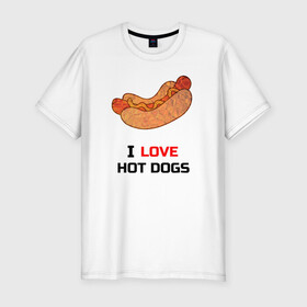 Мужская футболка хлопок Slim с принтом Love HOT DOGS в Кировске, 92% хлопок, 8% лайкра | приталенный силуэт, круглый вырез ворота, длина до линии бедра, короткий рукав | Тематика изображения на принте: еда | люблю | питание | сосиска | хот дог