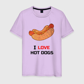 Мужская футболка хлопок с принтом Love HOT DOGS в Кировске, 100% хлопок | прямой крой, круглый вырез горловины, длина до линии бедер, слегка спущенное плечо. | Тематика изображения на принте: еда | люблю | питание | сосиска | хот дог