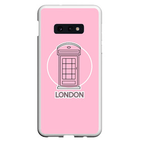 Чехол для Samsung S10E с принтом Телефонная будка London в Кировске, Силикон | Область печати: задняя сторона чехла, без боковых панелей | box | england | london | phone | telephone | uk | англия europe | великобритания | европа | иконка | красная будка | круг | лондон | надпись | поездка | путешествие | розовый | телефон | телефонная будка