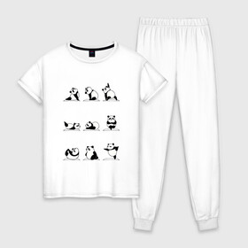 Женская пижама хлопок с принтом Панда занимается йогой в Кировске, 100% хлопок | брюки и футболка прямого кроя, без карманов, на брюках мягкая резинка на поясе и по низу штанин | Тематика изображения на принте: ега | йога | йога и фитнес | карамель | кунг фу | кунг фу панда | панда | пандора | панды | по | с пандами | с пандой | фитнес