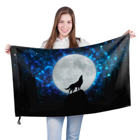 Флаг 3D с принтом Волк воющий на луну в Кировске, 100% полиэстер | плотность ткани — 95 г/м2, размер — 67 х 109 см. Принт наносится с одной стороны | wolf | волк | волки | волчица | животные | одинокий волк