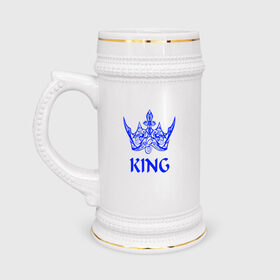 Кружка пивная с принтом KING в Кировске,  керамика (Материал выдерживает высокую температуру, стоит избегать резкого перепада температур) |  объем 630 мл | blue crown | crown | crown print | king | king lettering | king print | король | корона | надпись король | принт король | принт короны | синяя  корона