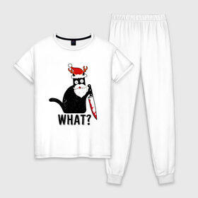 Женская пижама хлопок с принтом What Cat (Новый Год) в Кировске, 100% хлопок | брюки и футболка прямого кроя, без карманов, на брюках мягкая резинка на поясе и по низу штанин | 