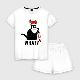 Женская пижама с шортиками хлопок с принтом What Cat (Новый Год) в Кировске, 100% хлопок | футболка прямого кроя, шорты свободные с широкой мягкой резинкой | 