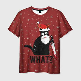 Мужская футболка 3D с принтом What Cat (Новый Год) в Кировске, 100% полиэфир | прямой крой, круглый вырез горловины, длина до линии бедер | Тематика изображения на принте: 