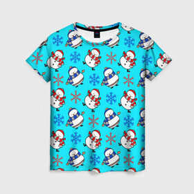 Женская футболка 3D с принтом Снеговики и снежинки в Кировске, 100% полиэфир ( синтетическое хлопкоподобное полотно) | прямой крой, круглый вырез горловины, длина до линии бедер | 