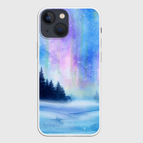 Чехол для iPhone 13 mini с принтом Зимняя соната в Кировске,  |  | watercolor | акварель | зима | лес | сияние | снег