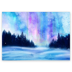 Поздравительная открытка с принтом Зимняя соната в Кировске, 100% бумага | плотность бумаги 280 г/м2, матовая, на обратной стороне линовка и место для марки
 | watercolor | акварель | зима | лес | сияние | снег