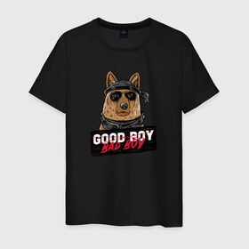 Мужская футболка хлопок с принтом Bad Boy в Кировске, 100% хлопок | прямой крой, круглый вырез горловины, длина до линии бедер, слегка спущенное плечо. | animal | dog | good | домашний | животные | звери | крутой | мальчик | милый | надпись | очки | пес | питомец | собака | собакен | табличка | хороший | щенок