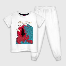 Детская пижама хлопок с принтом Восток в Кировске, 100% хлопок |  брюки и футболка прямого кроя, без карманов, на брюках мягкая резинка на поясе и по низу штанин
 | Тематика изображения на принте: волна | рисунок | рыбы | солнце