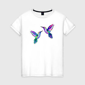 Женская футболка хлопок с принтом Колибри в Кировске,  |  | angel | bird | butterfly | parrot | summer | tropical | wings | ангел | бабочки | джунгли | животные | красочные | крылья | летний | лето | перья | попугай | природа | птица | птичка | радужные | райский | стриж | тропики