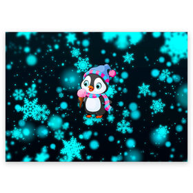 Поздравительная открытка с принтом Новогодний пингвин в Кировске, 100% бумага | плотность бумаги 280 г/м2, матовая, на обратной стороне линовка и место для марки
 | 2021 | new year | бык | год быка | девочка | дед мороз | детям | дочке | мальчик | модная | модный | мороженое | новогодний дизайн | новогодний пингвин | новогодняя | новый год | пенгвин | пингвин | пингвины