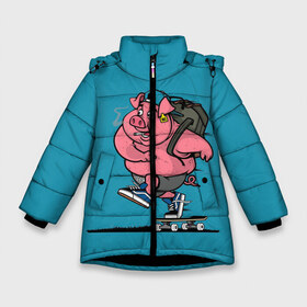 Зимняя куртка для девочек 3D с принтом Свинья на скейте в Кировске, ткань верха — 100% полиэстер; подклад — 100% полиэстер, утеплитель — 100% полиэстер. | длина ниже бедра, удлиненная спинка, воротник стойка и отстегивающийся капюшон. Есть боковые карманы с листочкой на кнопках, утяжки по низу изделия и внутренний карман на молнии. 

Предусмотрены светоотражающий принт на спинке, радужный светоотражающий элемент на пуллере молнии и на резинке для утяжки. | 