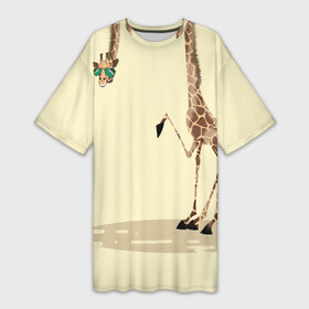 Платье-футболка 3D с принтом жираф на шее в Кировске,  |  | Тематика изображения на принте: жираф | жирафик | очки | рисунок