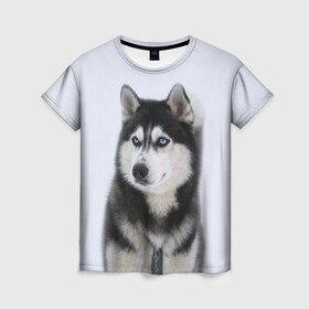 Женская футболка 3D с принтом ХАСКИ в Кировске, 100% полиэфир ( синтетическое хлопкоподобное полотно) | прямой крой, круглый вырез горловины, длина до линии бедер | dog | husky | милый | пес | песик | собака | собачка | хаски | щенок