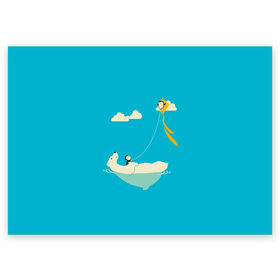 Поздравительная открытка с принтом ОБИТАТЕЛИ АНТАРКТИКИ в Кировске, 100% бумага | плотность бумаги 280 г/м2, матовая, на обратной стороне линовка и место для марки
 | Тематика изображения на принте: белый медведь | воздушный змей | детский рисунок | мультяшный персонаж | небо голубое | облака | пингвин | рисунок