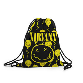 Рюкзак-мешок 3D с принтом NIRVANA в Кировске, 100% полиэстер | плотность ткани — 200 г/м2, размер — 35 х 45 см; лямки — толстые шнурки, застежка на шнуровке, без карманов и подкладки | nirvana | nirvana smells like | rock | teen spirit | курт кобейн | нирвана | песни | рок.