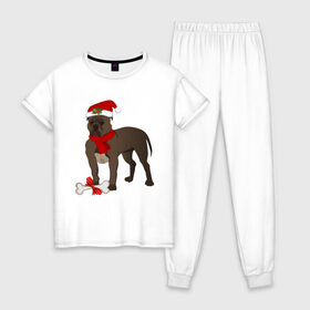 Женская пижама хлопок с принтом Новогодний питбуль в Кировске, 100% хлопок | брюки и футболка прямого кроя, без карманов, на брюках мягкая резинка на поясе и по низу штанин | 