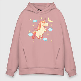 Мужское худи Oversize хлопок с принтом Happy unicorn в Кировске, френч-терри — 70% хлопок, 30% полиэстер. Мягкий теплый начес внутри —100% хлопок | боковые карманы, эластичные манжеты и нижняя кромка, капюшон на магнитной кнопке | moon | unicorn | единорог | звезды | месяц | облачка