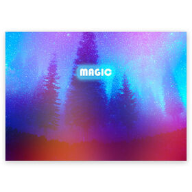 Поздравительная открытка с принтом MAGIC в Кировске, 100% бумага | плотность бумаги 280 г/м2, матовая, на обратной стороне линовка и место для марки
 | Тематика изображения на принте: звездное небо | зимний вечер | неоновая надпись | ночное небо | снег