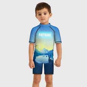Детский купальный костюм 3D с принтом NATURE в Кировске, Полиэстер 85%, Спандекс 15% | застежка на молнии на спине | горы | закат | лес | ночное небо | озеро в лесу | олень в лесу | природа | солнце