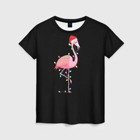 Женская футболка 3D с принтом Новогодний Фламинго в Кировске, 100% полиэфир ( синтетическое хлопкоподобное полотно) | прямой крой, круглый вырез горловины, длина до линии бедер | 2021 | гирлянда | год быка | дед мороз | новогодний | новогодняя | новый год | птица | рождество | розовый фламинго | с новым годом | фламинго