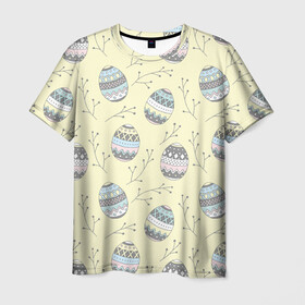 Мужская футболка 3D с принтом Пасхальные яйца в Кировске, 100% полиэфир | прямой крой, круглый вырез горловины, длина до линии бедер | бог | вера | весна | воскресение | желтый фон | молитва | пасха | пасхальный | пост | религия | храм | христос | церковь | яйца пасхальные