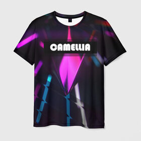 Мужская футболка 3D с принтом CAMELLIA в Кировске, 100% полиэфир | прямой крой, круглый вырез горловины, длина до линии бедер | абстракция | геометрия | неоновый огонь | неоновый полосы | неоновый свет