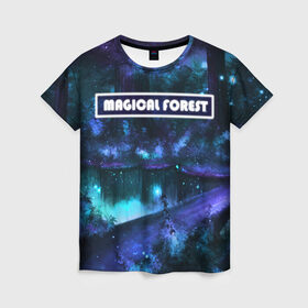 Женская футболка 3D с принтом MAGICAL FOREST в Кировске, 100% полиэфир ( синтетическое хлопкоподобное полотно) | прямой крой, круглый вырез горловины, длина до линии бедер | звездное небо | магический лес | неоновая пыль | неоновые линии | озеро ночью | отражение в озере | светлячки в лесу