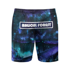 Мужские шорты спортивные с принтом MAGICAL FOREST в Кировске,  |  | звездное небо | магический лес | неоновая пыль | неоновые линии | озеро ночью | отражение в озере | светлячки в лесу