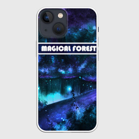 Чехол для iPhone 13 mini с принтом MAGICAL FOREST в Кировске,  |  | звездное небо | магический лес | неоновая пыль | неоновые линии | озеро ночью | отражение в озере | светлячки в лесу