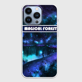 Чехол для iPhone 13 Pro с принтом MAGICAL FOREST в Кировске,  |  | звездное небо | магический лес | неоновая пыль | неоновые линии | озеро ночью | отражение в озере | светлячки в лесу