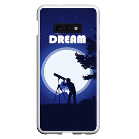 Чехол для Samsung S10E с принтом DREAM в Кировске, Силикон | Область печати: задняя сторона чехла, без боковых панелей | 2d рисунок | звездное небо | луна | минимализм | ночное небо | полнолуние | человек с телескопом