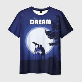 Мужская футболка 3D с принтом DREAM в Кировске, 100% полиэфир | прямой крой, круглый вырез горловины, длина до линии бедер | 2d рисунок | звездное небо | луна | минимализм | ночное небо | полнолуние | человек с телескопом