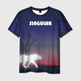 Мужская футболка 3D с принтом SINGULAR в Кировске, 100% полиэфир | прямой крой, круглый вырез горловины, длина до линии бедер | Тематика изображения на принте: алый закат | звездное небо | неоновый тигр | ночное небо | тигр на закате