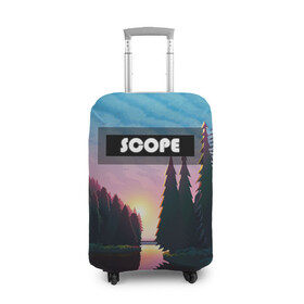 Чехол для чемодана 3D с принтом SCOPE в Кировске, 86% полиэфир, 14% спандекс | двустороннее нанесение принта, прорези для ручек и колес | вечернее небо | голубое небо | деревья | закат | лес | неоновая надпись | озеро | река