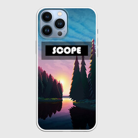 Чехол для iPhone 13 Pro Max с принтом SCOPE в Кировске,  |  | Тематика изображения на принте: вечернее небо | голубое небо | деревья | закат | лес | неоновая надпись | озеро | река