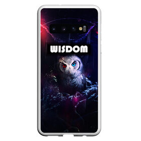 Чехол для Samsung Galaxy S10 с принтом WISDOM в Кировске, Силикон | Область печати: задняя сторона чехла, без боковых панелей | Тематика изображения на принте: глаза животного | глаза разного цвета | мудрая сова | неоновые глаза | пафосная надпись | перья | птица | сова | филин