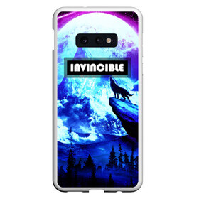 Чехол для Samsung S10E с принтом INVINCIBLE(НЕПОДИМЫЙ-(АЯ)) в Кировске, Силикон | Область печати: задняя сторона чехла, без боковых панелей | волк | волк воет на луну | волк зимой | зима | лес | луна | неоновая иллюстрация | неоновая надпись | оборотень | полнолуние | снег | снежные горы