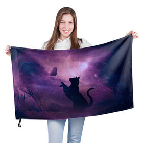 Флаг 3D с принтом Star Cat в Кировске, 100% полиэстер | плотность ткани — 95 г/м2, размер — 67 х 109 см. Принт наносится с одной стороны | cats | star cat | арт кошка | арт кошка в космосе | кошки | кошки в космосе