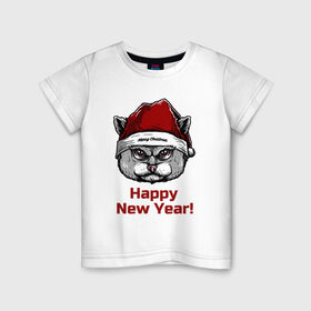 Детская футболка хлопок с принтом Злой кот Happy New Year! в Кировске, 100% хлопок | круглый вырез горловины, полуприлегающий силуэт, длина до линии бедер | 